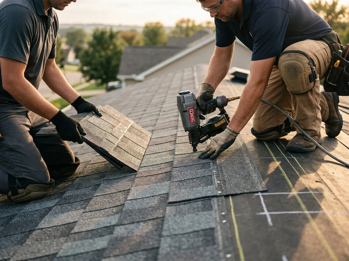 Professional roofer working on a residential roof in Chicago
